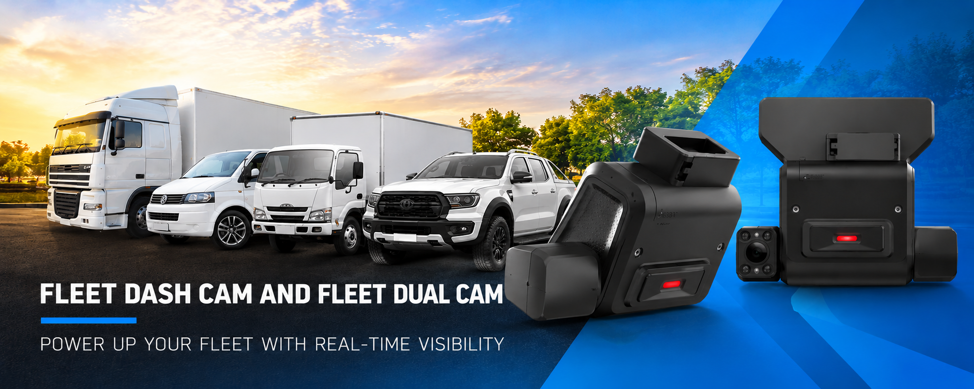 Fleetlog fleet dash cameras with GPS tracking, dual-facing video recording and 4G connectivity for commercial vehicle safety.